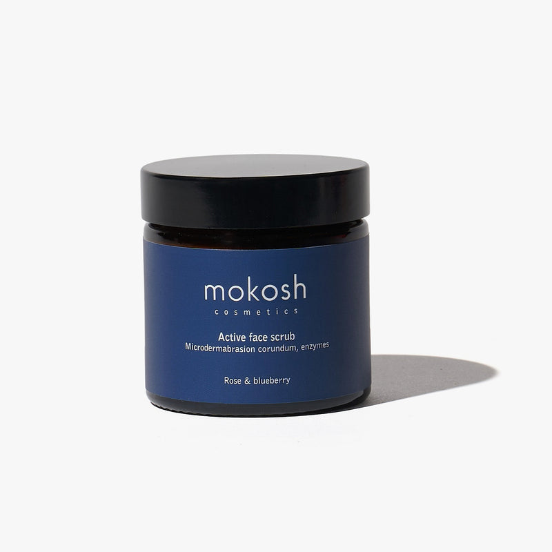 mokosh active face scrub rose & blueberry – natuurlijke vegan gezichtsscrub met rozenextract en bosbessenolie