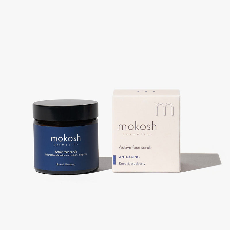 mokosh active face scrub rose blueberry – natuurlijke vegan gezichtsscrub met rozenextract en bosbessenolie