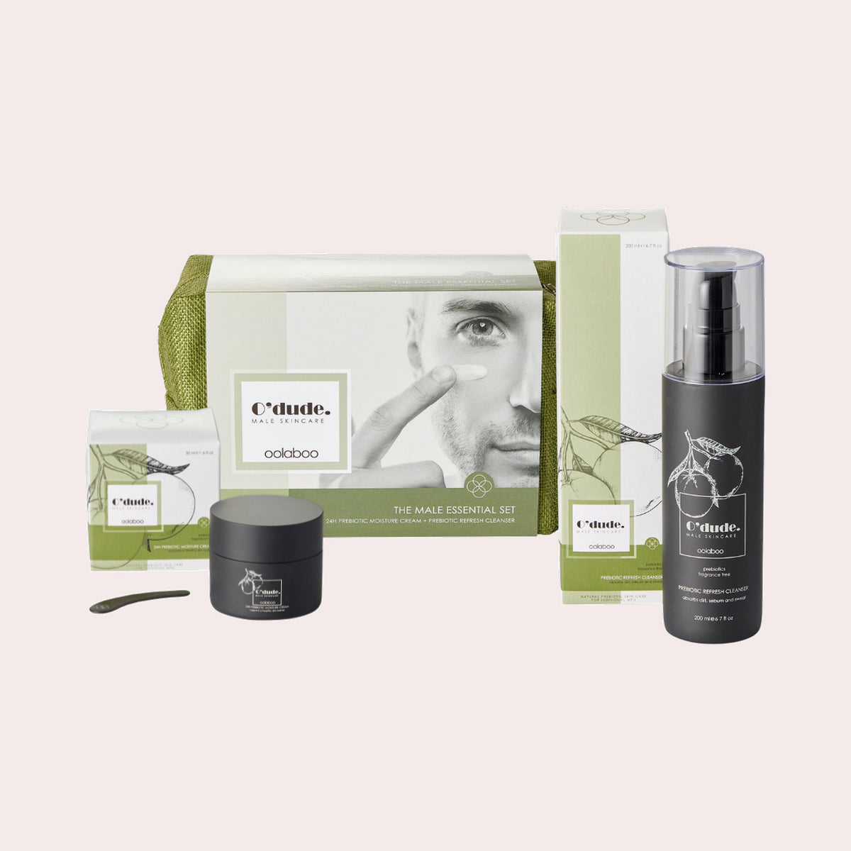 Oolaboo O'dude The Male Essential Set, reiniger en crème voor mannen in toilettas